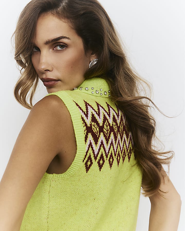 Green Cat Diamante Polo Knit Top