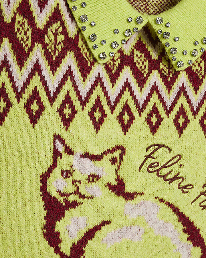 Green Cat Diamante Polo Knit Top