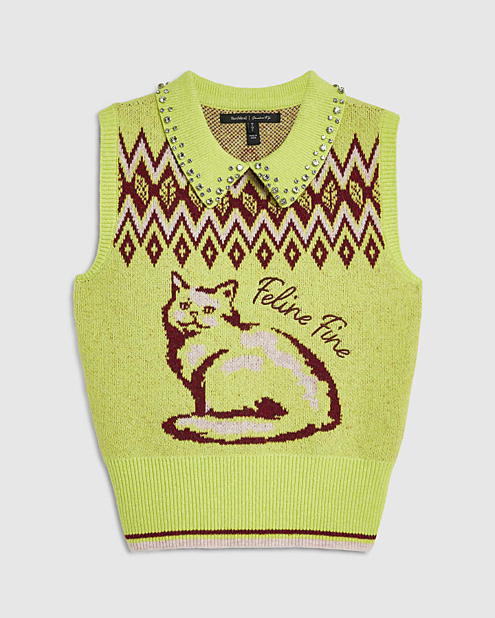 Green Cat Diamante Polo Knit Top
