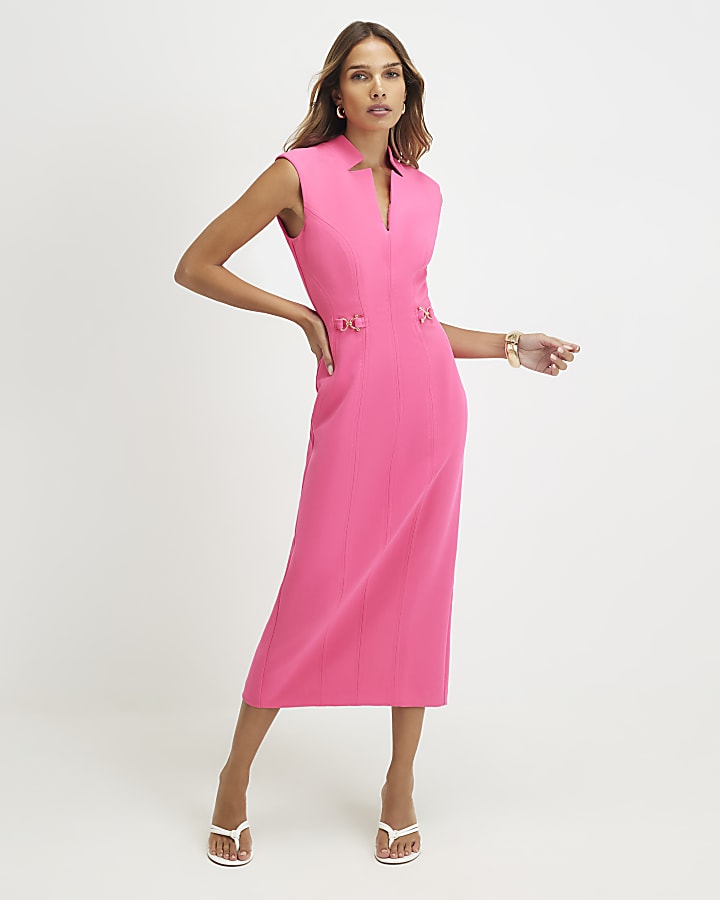Pink Notch Neck Snaffle Midi Dress