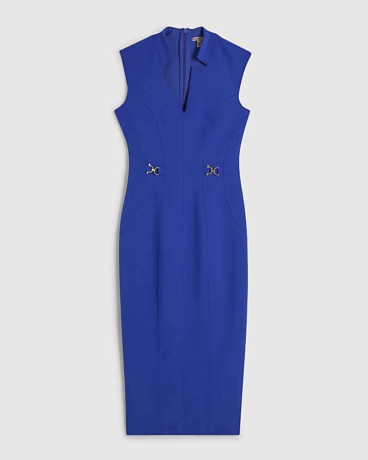 Blue Notch Neck Snaffle Midi Dress