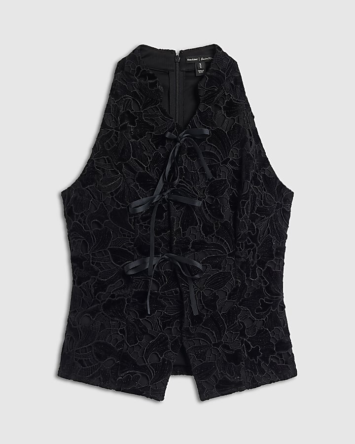 Black Velvet Ribbon Lace Tie Top