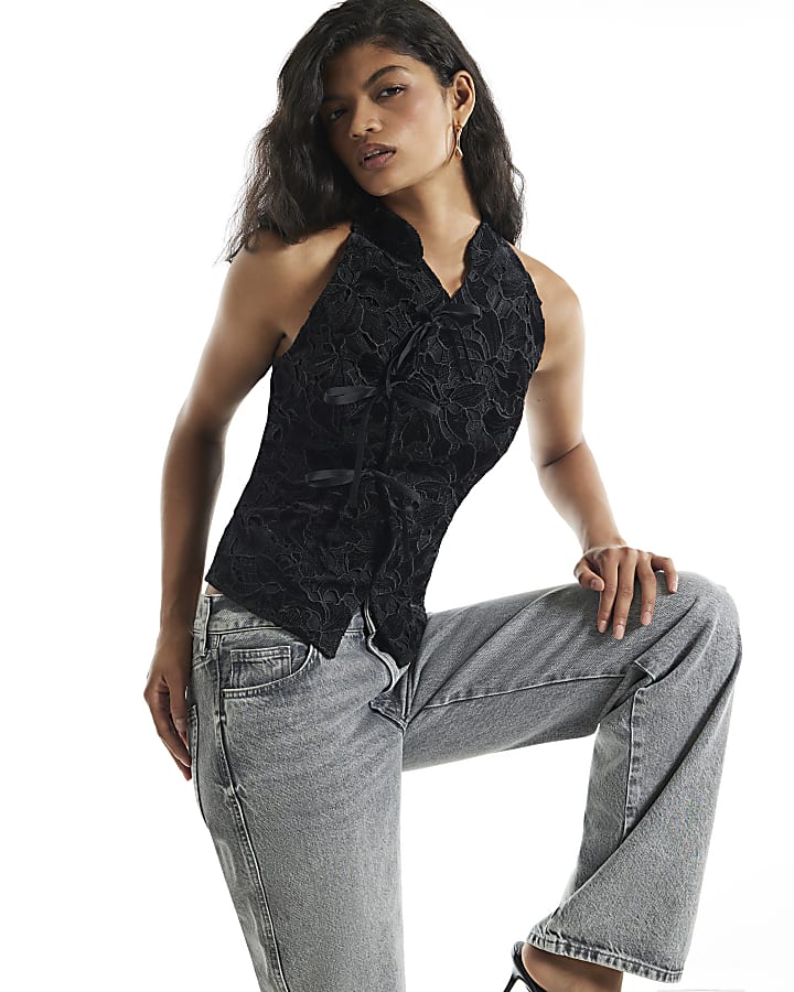 Black Velvet Ribbon Lace Tie Top