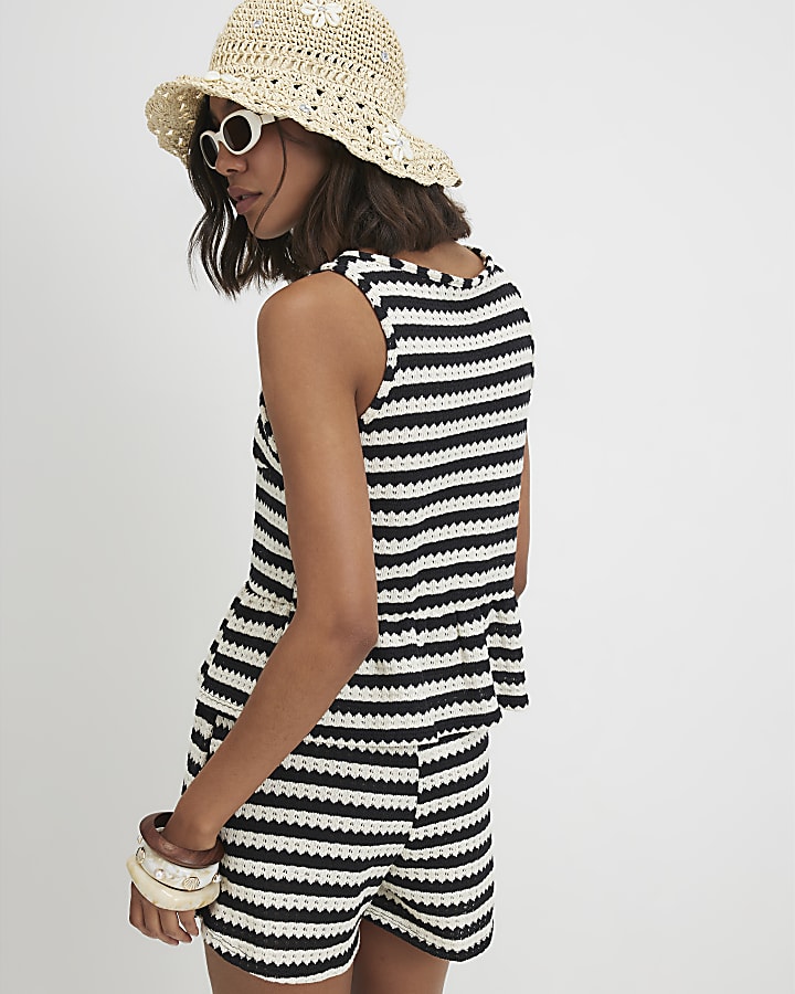 Black Striped Crochet Tie Front Top