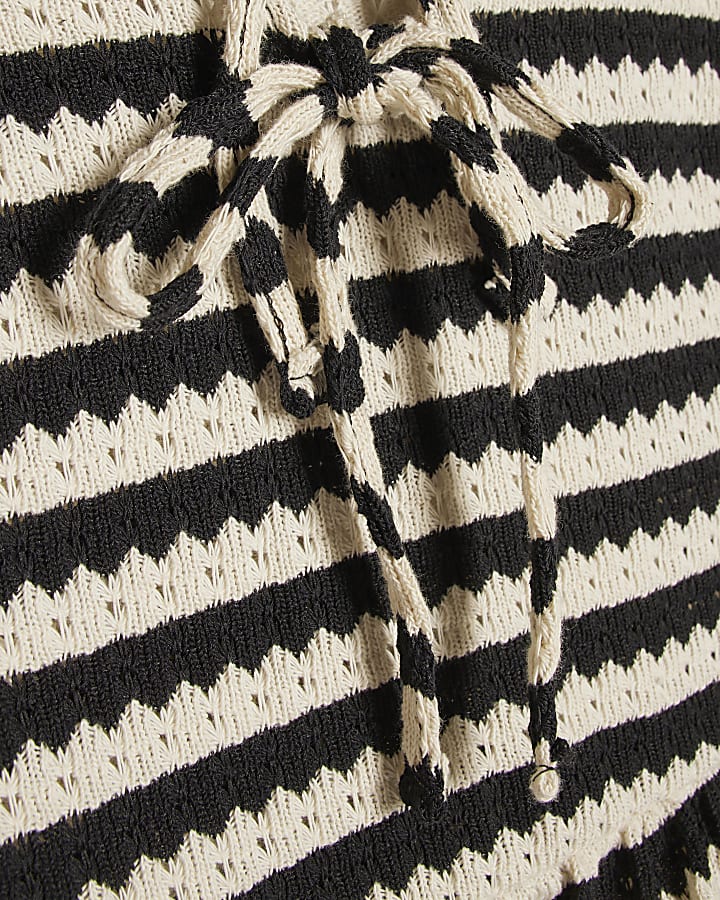 Black Striped Crochet Tie Front Top