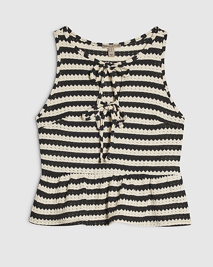 Black Striped Crochet Tie Front Top