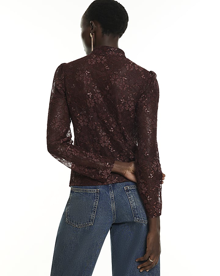 Brown Metallic Lace Frogging Top