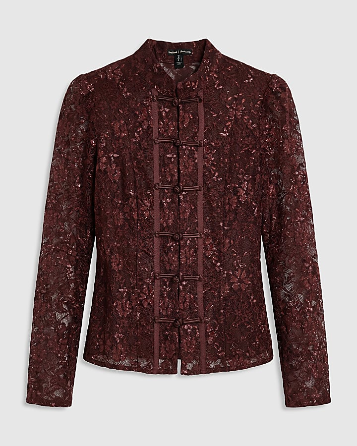 Brown Metallic Lace Frogging Top