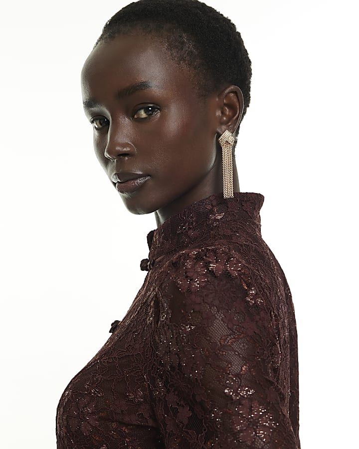 Brown Metallic Lace Frogging Top