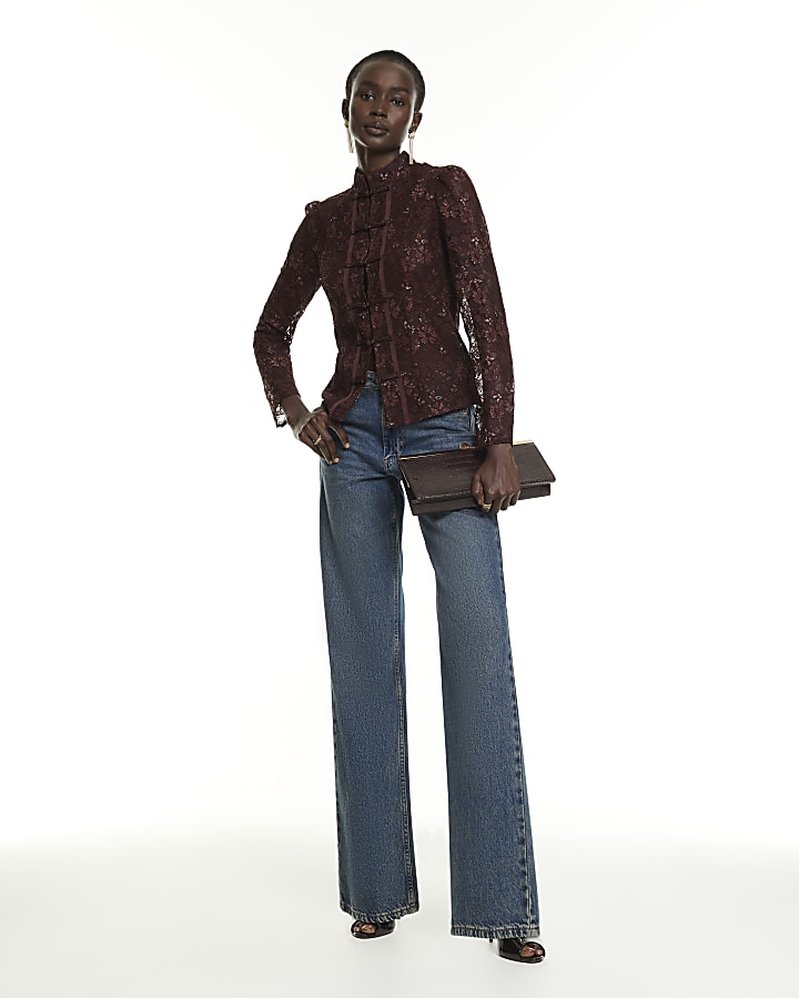 Brown Metallic Lace Frogging Top