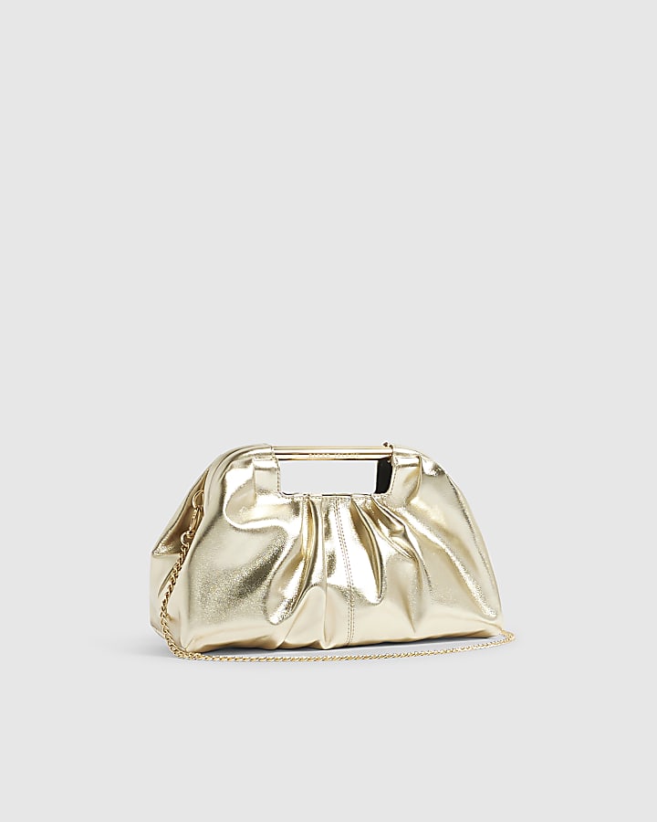 Gold Faux Leather Ruched Bar Clutch Bag