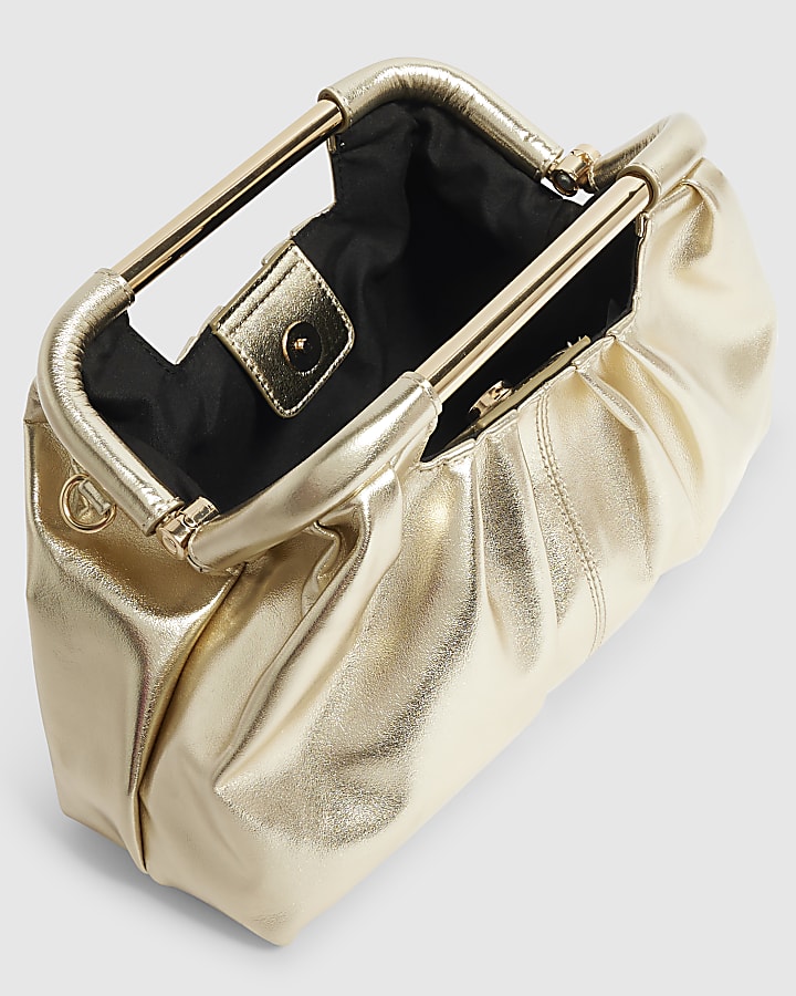 Gold Faux Leather Ruched Bar Clutch Bag