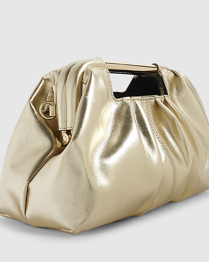 Gold Faux Leather Ruched Bar Clutch Bag