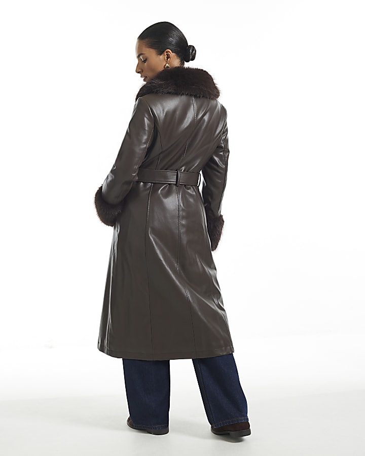 Petite Brown Faux Fur Trim Belted Trench Coat
