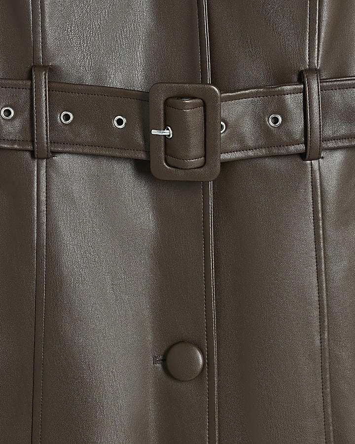 Petite Brown Faux Fur Trim Belted Trench Coat