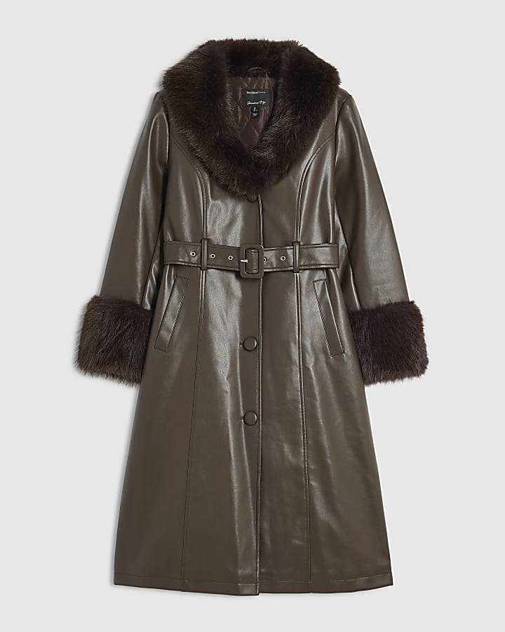 Petite Brown Faux Fur Trim Belted Trench Coat