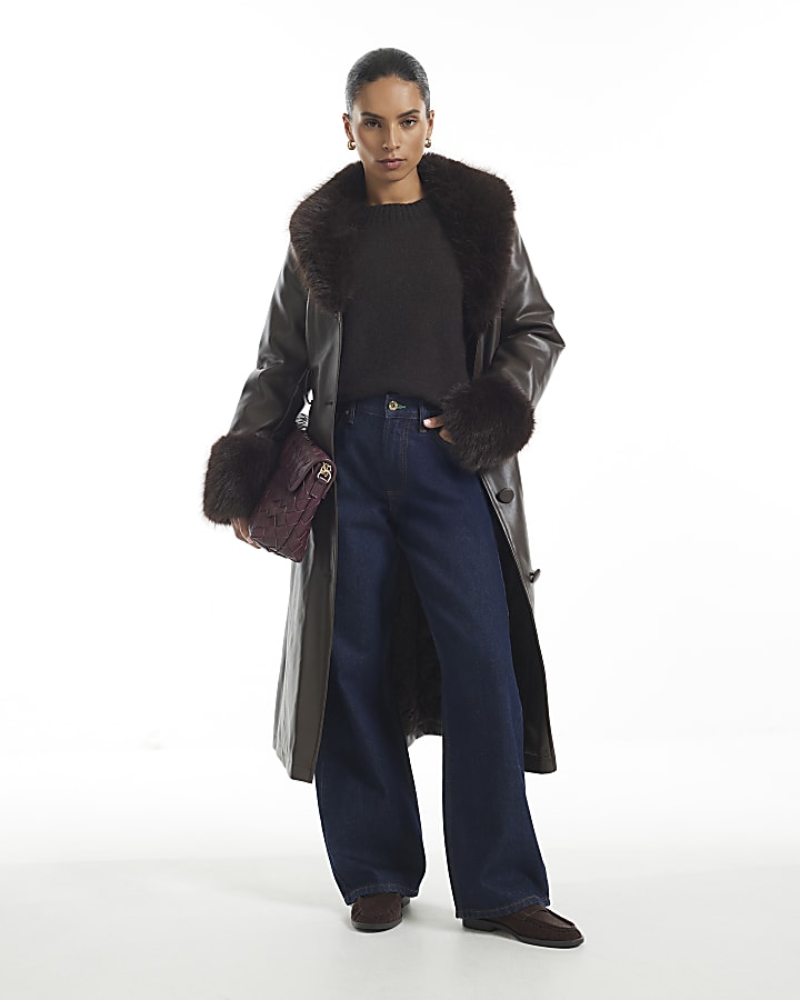 Petite Brown Faux Fur Trim Belted Trench Coat