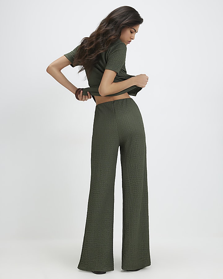 Khaki Textured Wide Leg Trousers