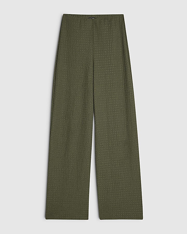 Khaki Textured Wide Leg Trousers