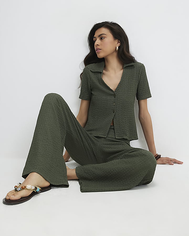 Khaki Textured Wide Leg Trousers