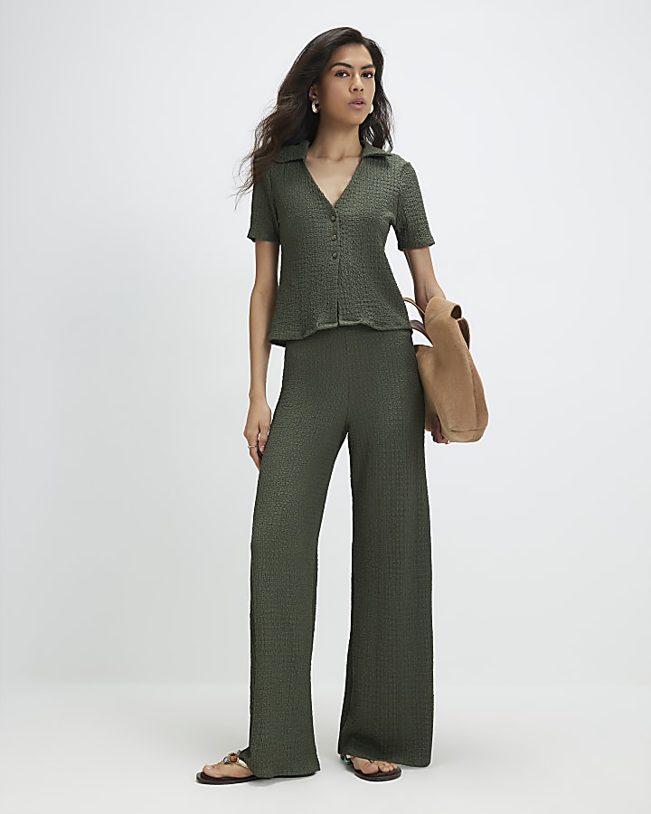 Khaki Textured Wide Leg Trousers