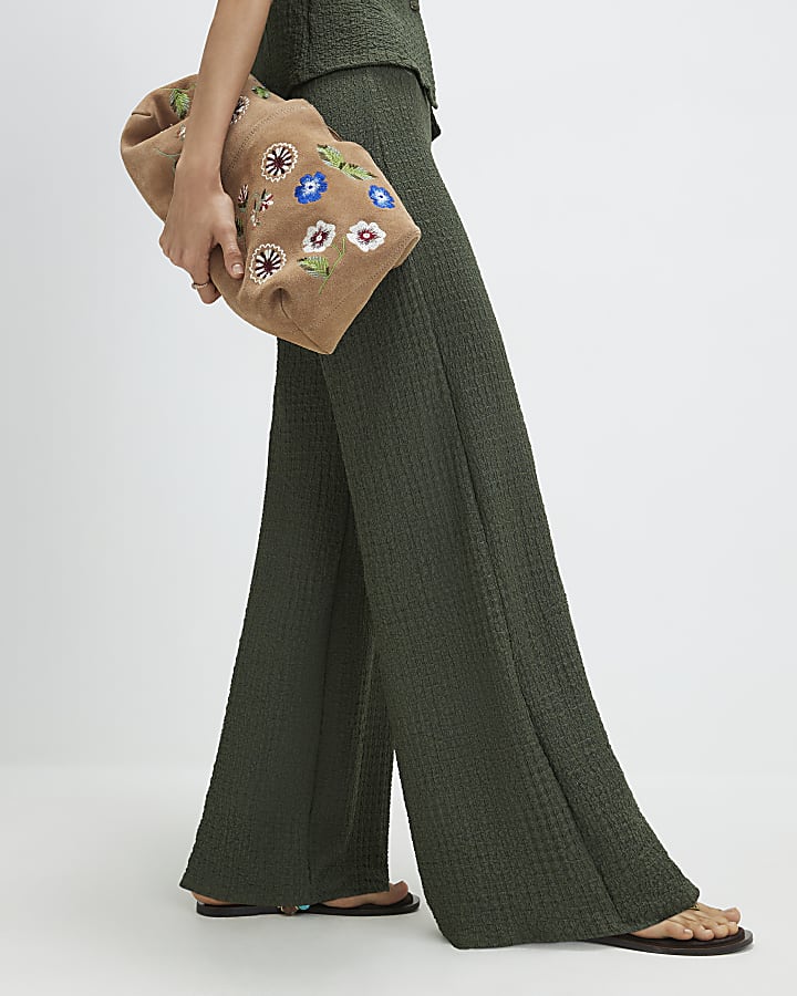 Khaki Textured Wide Leg Trousers
