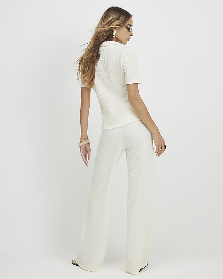 Cream Textured Wide Leg Trousers