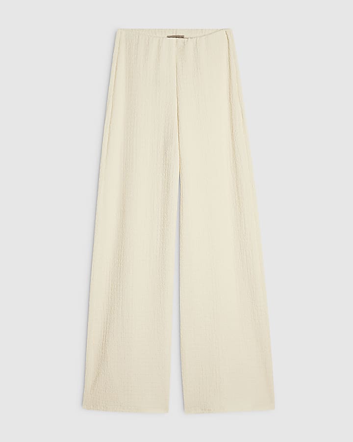 Cream Textured Wide Leg Trousers