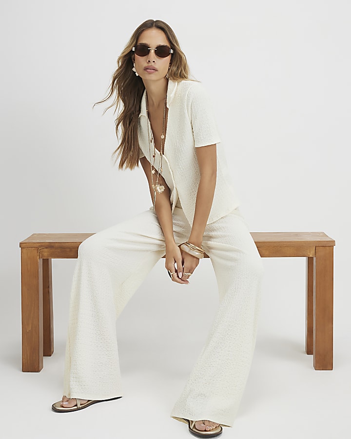 Cream Textured Wide Leg Trousers