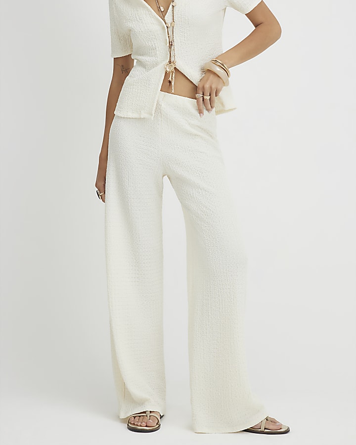 Cream Textured Wide Leg Trousers