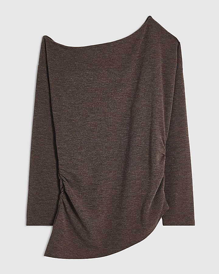Brown Cosy Off The Shoulder Asymmetric Top