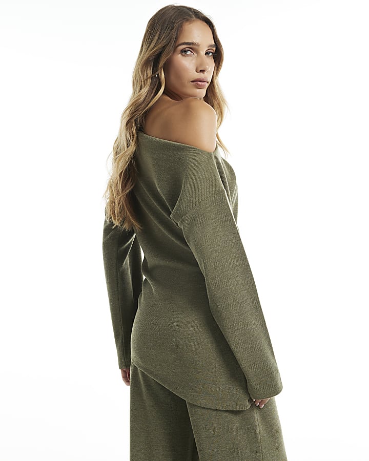 Khaki Cosy Off The Shoulder Asymmetric Top