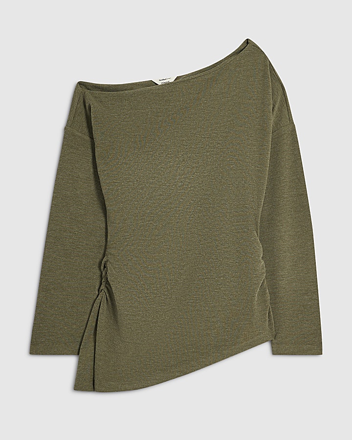 Khaki Cosy Off The Shoulder Asymmetric Top