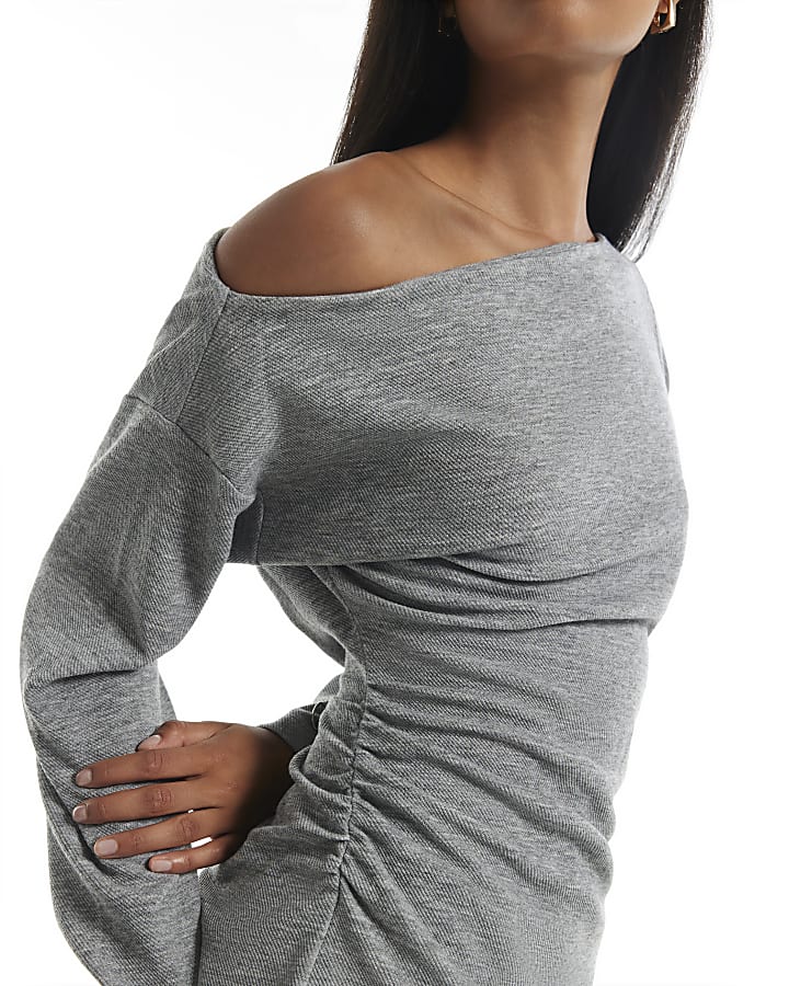 Grey Cosy Off The Shoulder Asymmetric Top