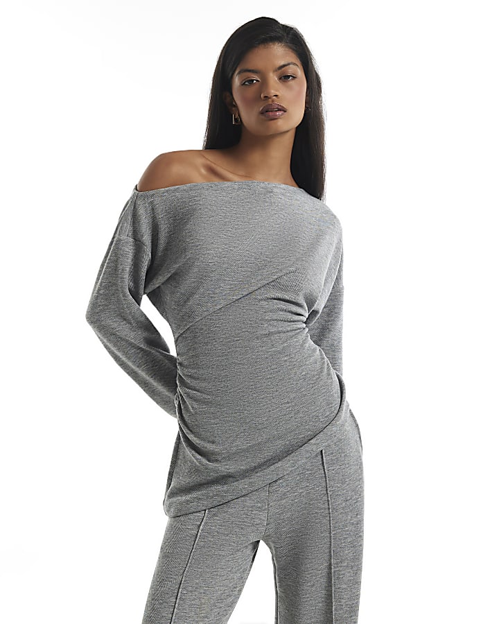 Grey Cosy Off The Shoulder Asymmetric Top