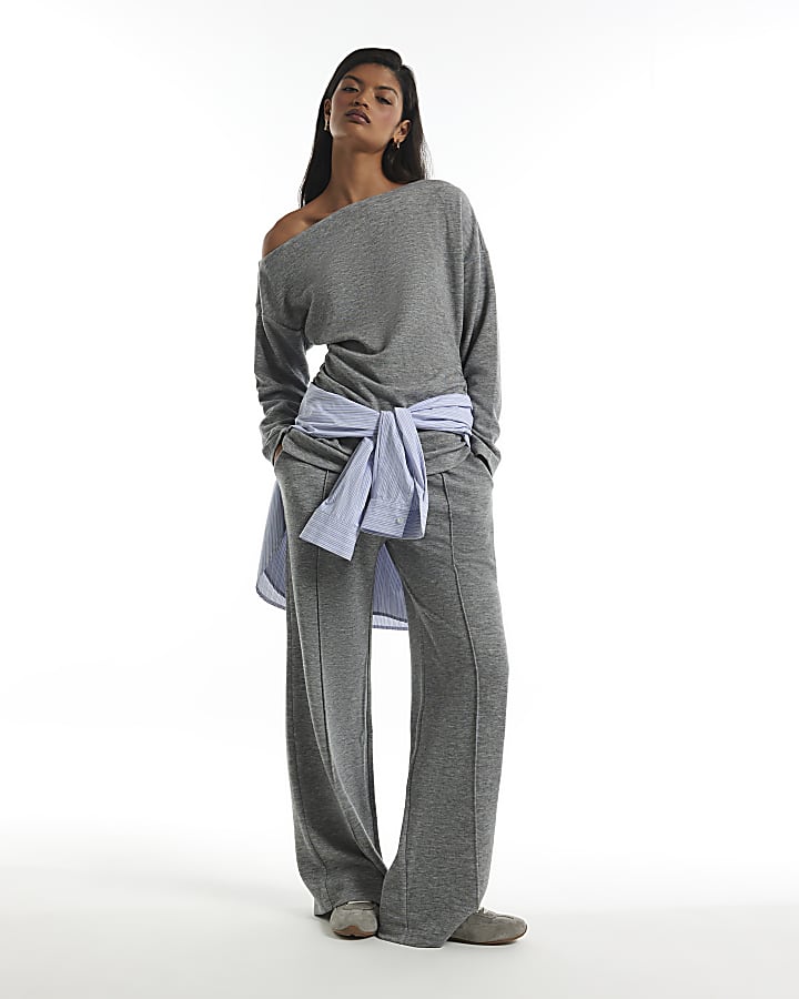 Grey Cosy Off The Shoulder Asymmetric Top