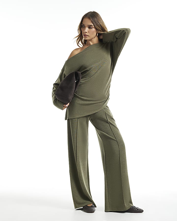 Khaki Cosy Wide Leg Trousers