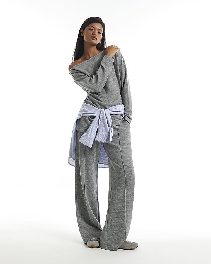 Grey Cosy Marl Wide Leg Trousers