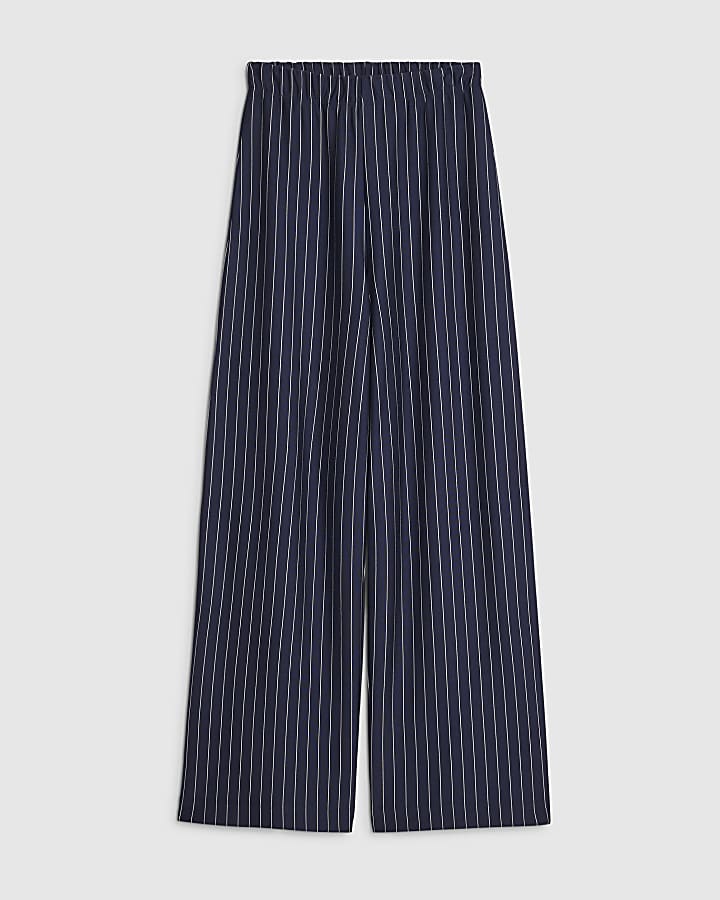 Navy Pinstripe Wide Leg Trousers