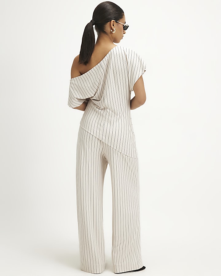 Petite Beige Pinstripe Wide Leg Trousers