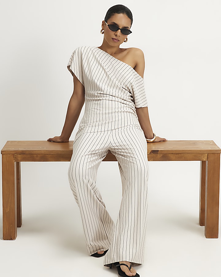Petite Beige Pinstripe Wide Leg Trousers