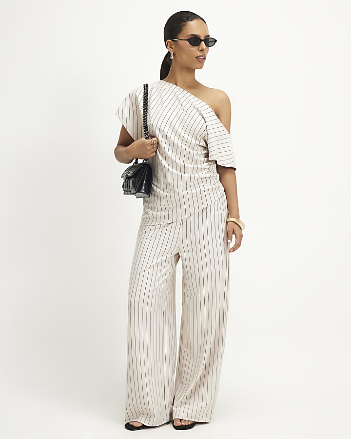Petite Beige Pinstripe Wide Leg Trousers