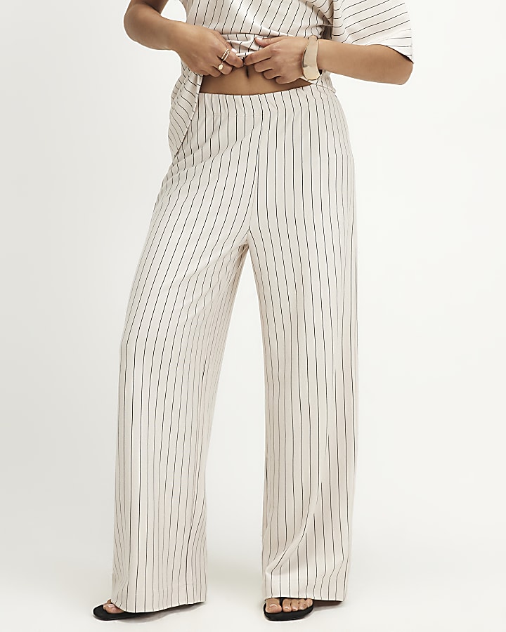 Petite Beige Pinstripe Wide Leg Trousers