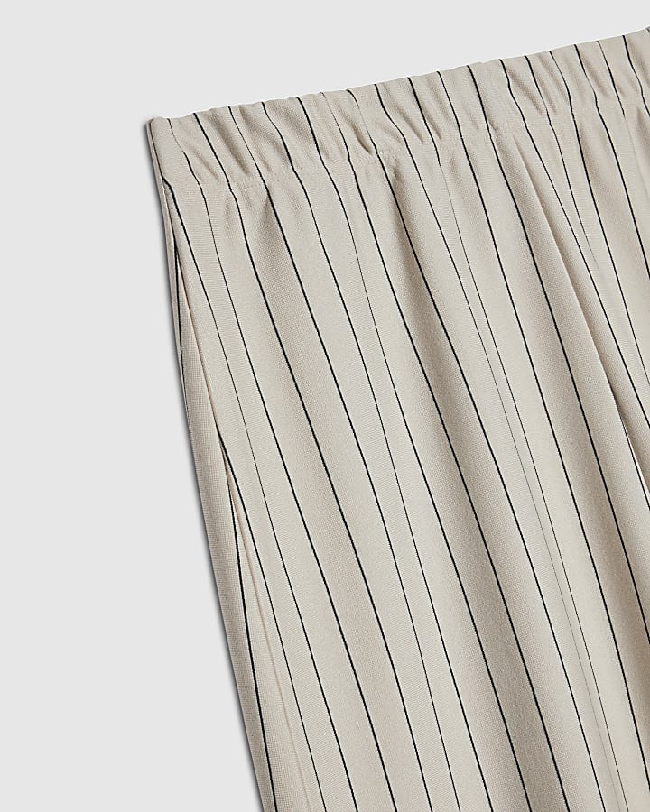 Beige Pinstripe Wide Leg Trousers