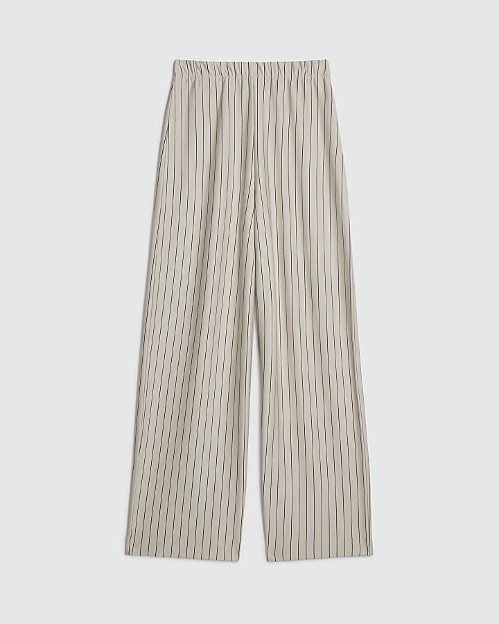 Beige Pinstripe Wide Leg Trousers