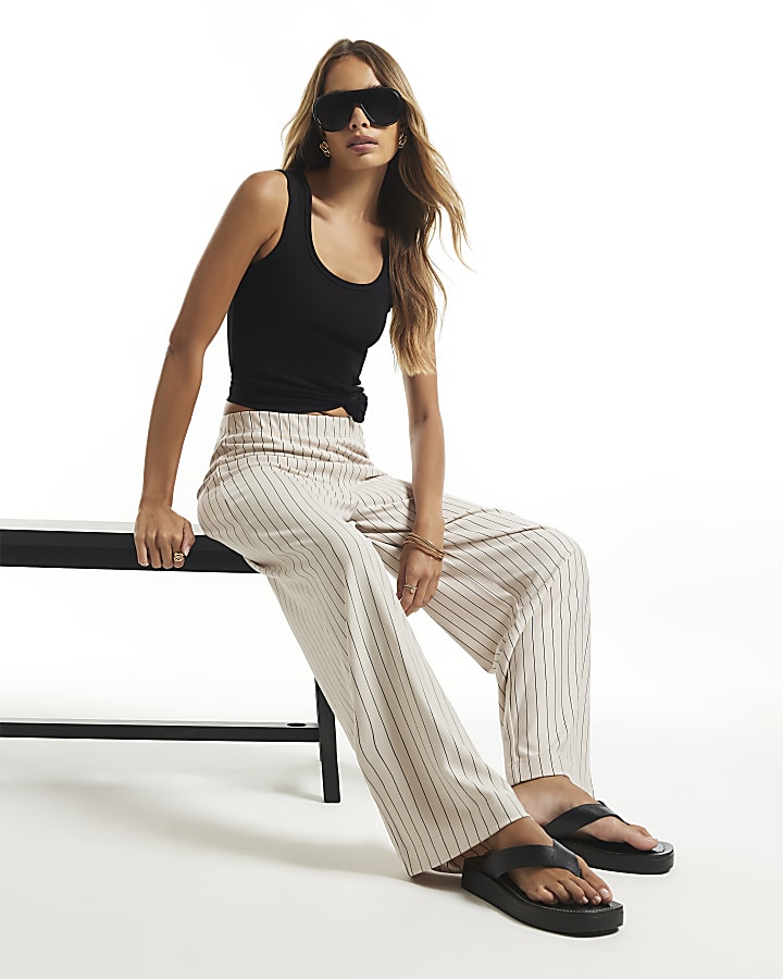 Beige Pinstripe Wide Leg Trousers