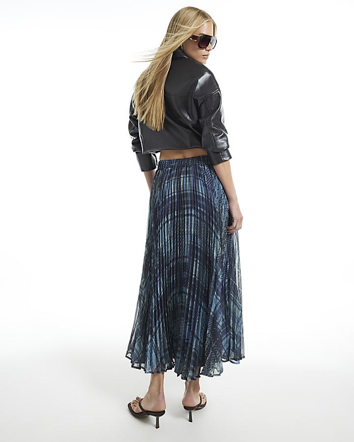 Blue Check Pleated Midi Skirt
