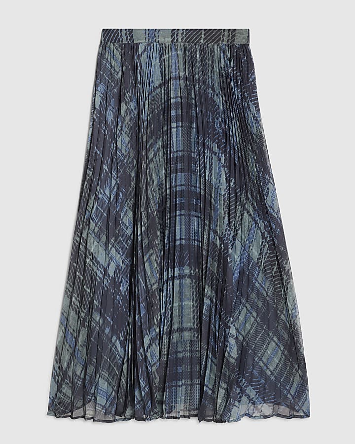 Blue Check Pleated Midi Skirt