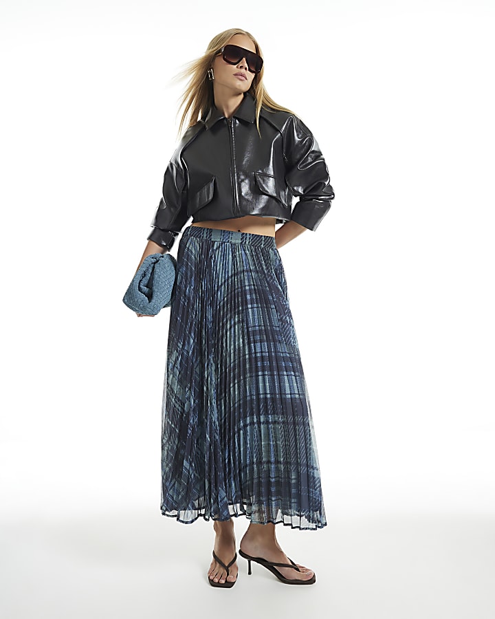 Blue Check Pleated Midi Skirt