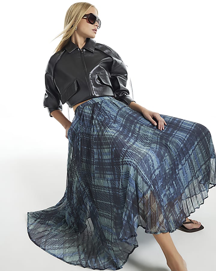 Blue Check Pleated Midi Skirt